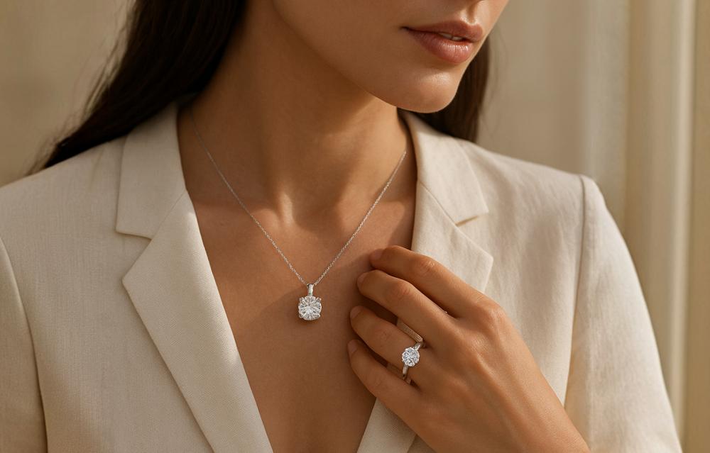 Model wearing moissanite ring and necklace in natural light