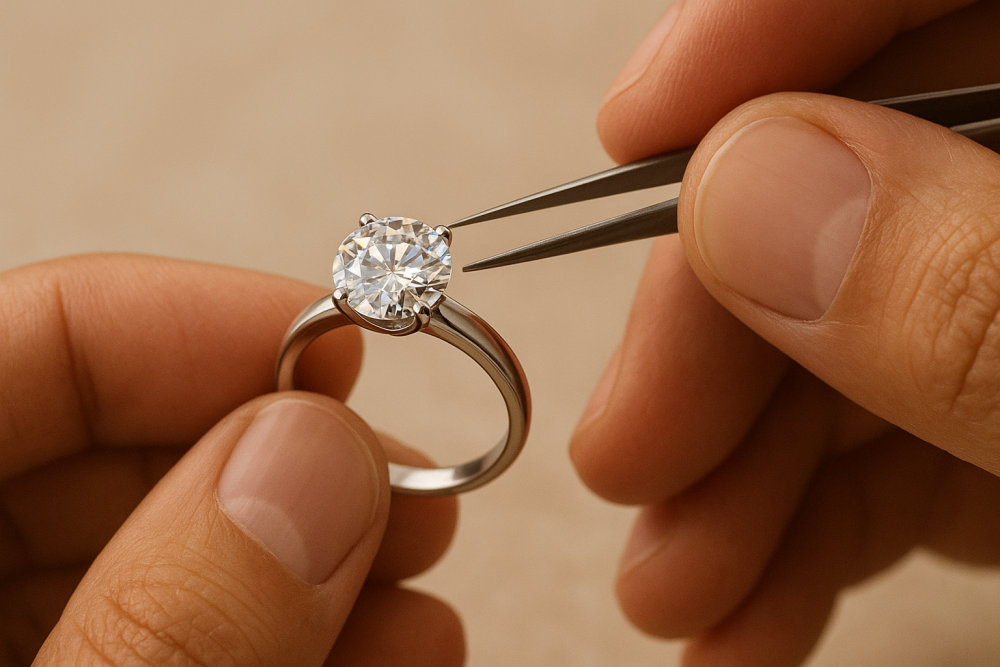 Artisan crafting a moissanite ring by hand