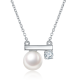Freshwater Pearl and Round Moissanite Bar Pendant Necklace in Silver