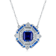 Princess-Cut Blue Sapphire Art Deco Halo Necklace in 925 Sterling Silver
