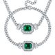 Emerald-Cut Lab Emerald Art Deco Halo Necklace & Bracelet Set in Silver