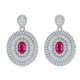 Oval-Cut Lab Ruby Double Halo Drop Earrings in 925 Sterling Silver